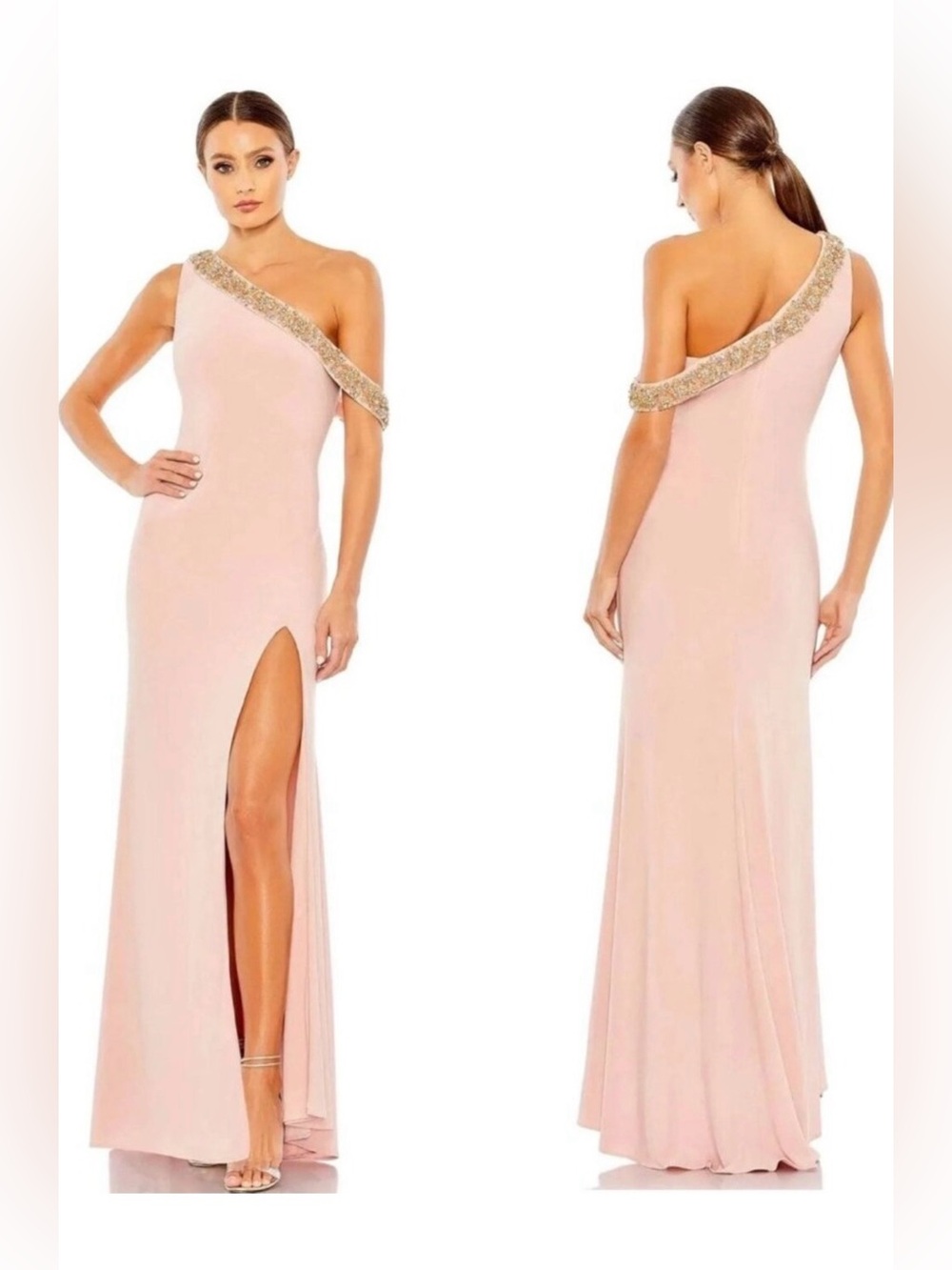Mac Duggal One-Shoulder Rose Gown with Gold Beaded Trim #68163